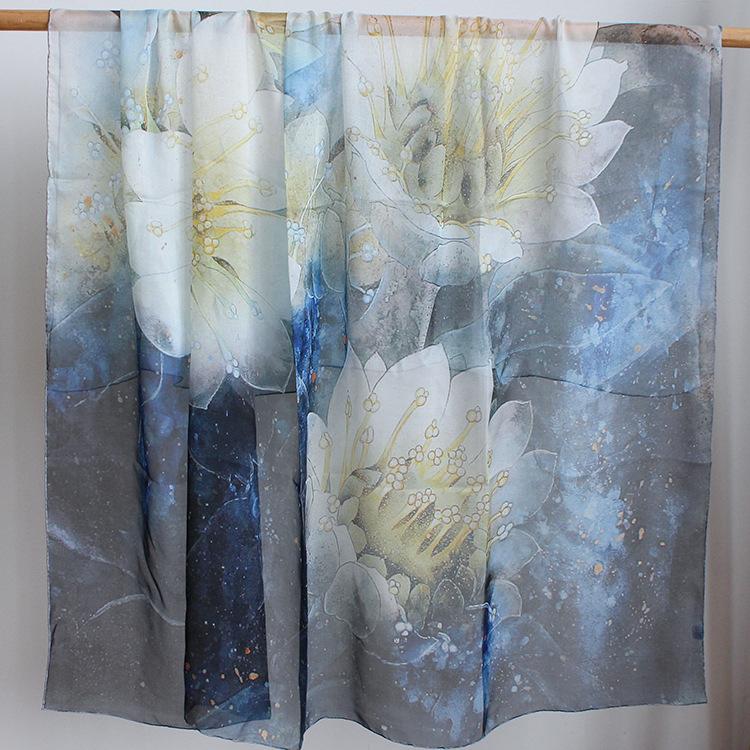 Lake blue white lotus silk chiffon mulberry silk large square scarf printed mulberry silk silk scarf women s scarf shawl thin 135*135CM