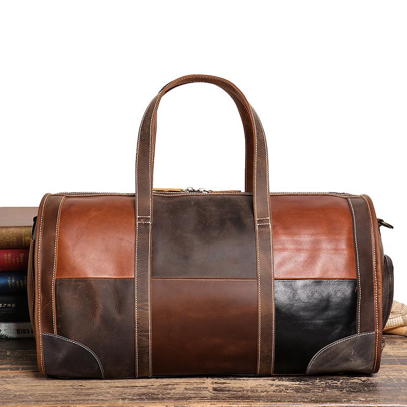 Retro Personalized Men'S Contrasting Color Leather Handbag Crazy Horse Leather Travel Bag Large Capacity Shoulder Diagonal Straddle Duffel Bag