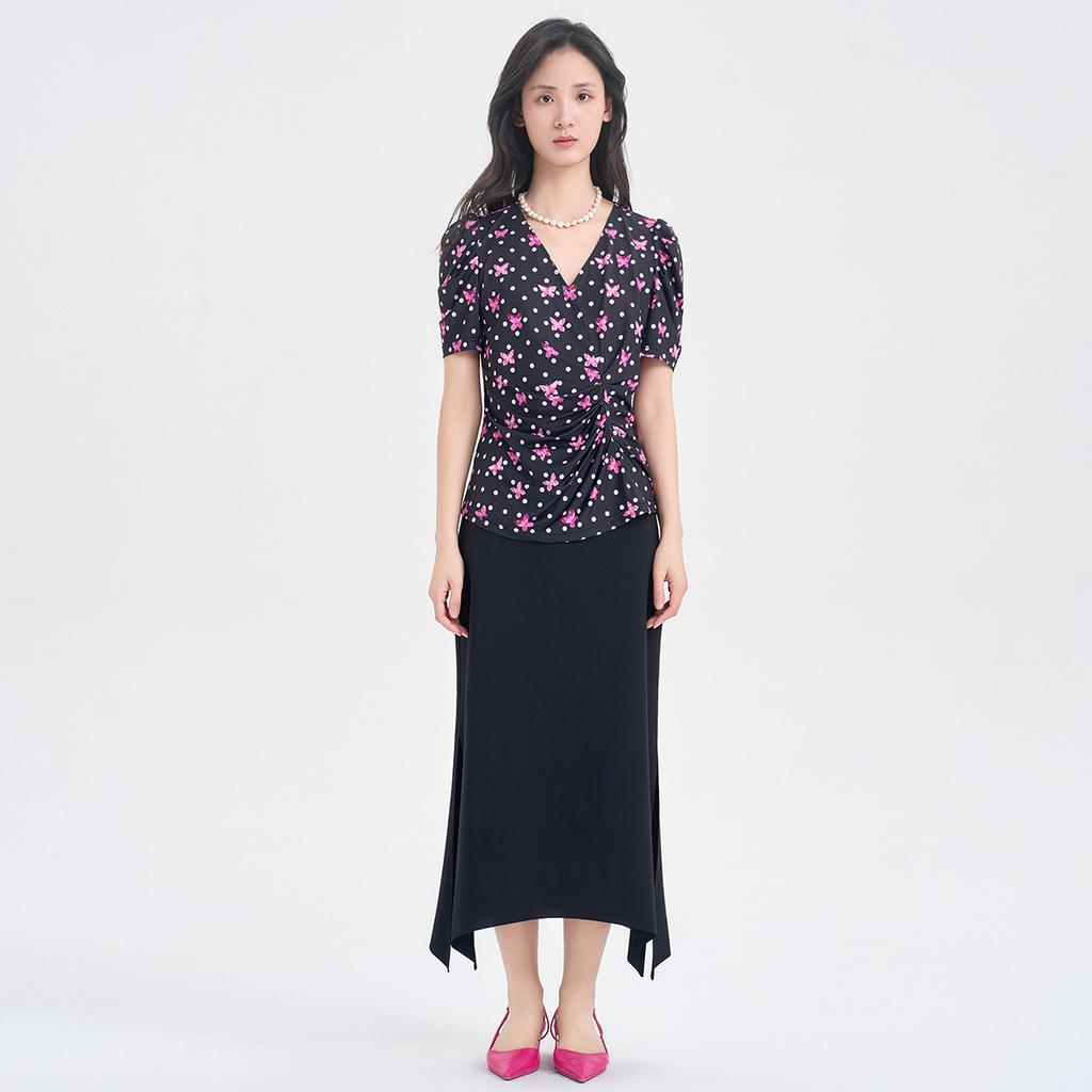 V-neck printed twisted waistband bubble sleeve T-shirt for women in 2026 summer, slim fit and stretchy commuting top