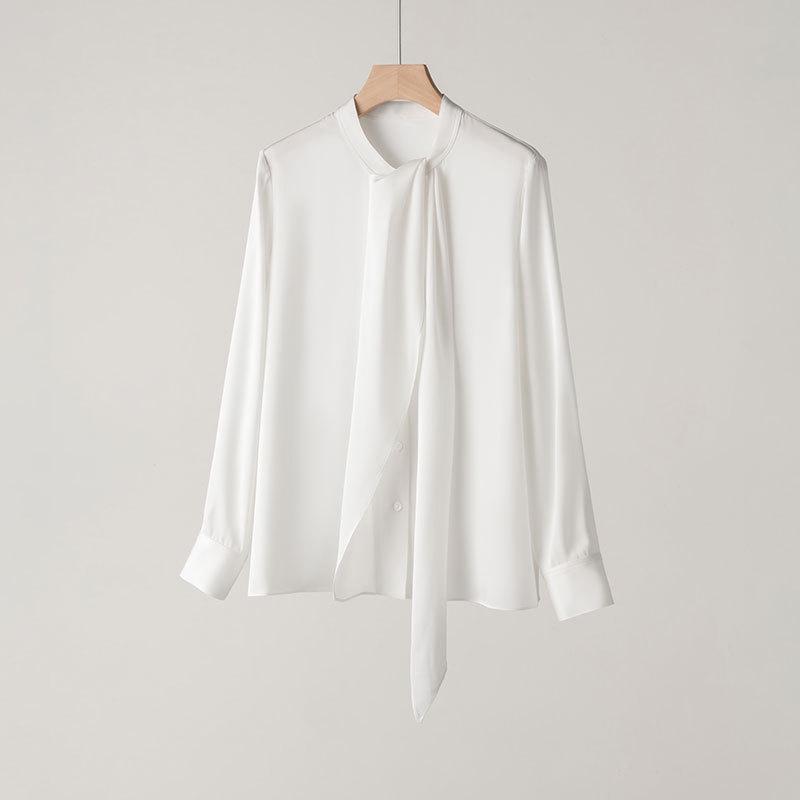 2025 Spring Women's Long Sleeve Mulberry Silk Shirt with Ribbon - Commuter Style, Slim Fit, Solid Color