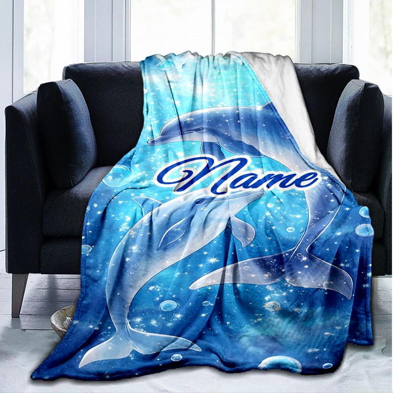 1PC Custom Name Dolphins Underwater Dreams Outdooor Flannel Blankets Throw Blanket All-Season Throw Gift Bedspread for Couch, Bed, Camping Holiday Bir