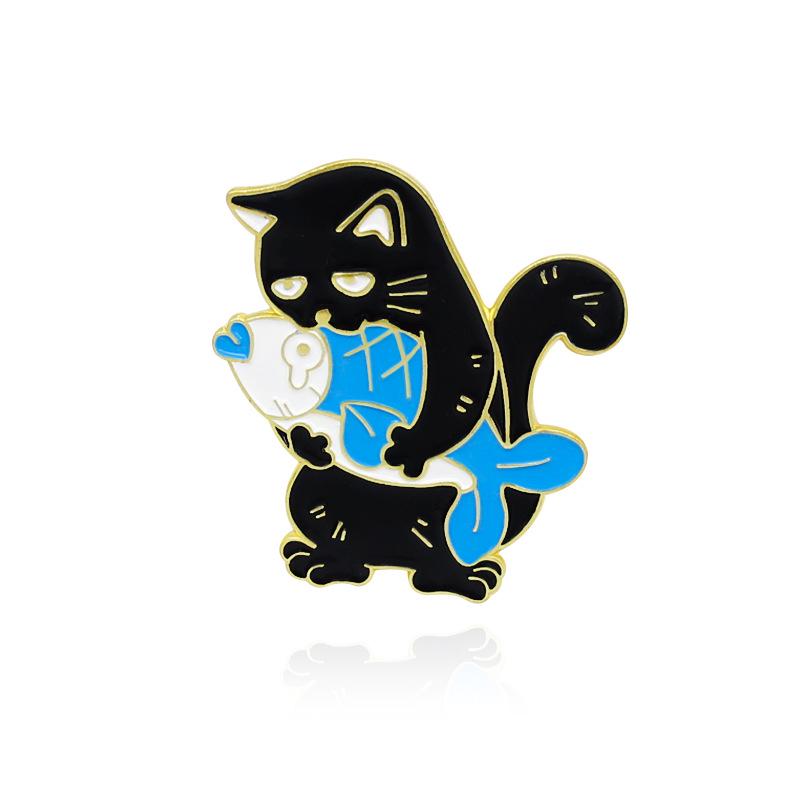 Quirky Black  White Cat Brooch: Mischievous Cat Holding Fish Fashion Badge