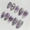 Purple Gradient Cat Eye Press-On Nails: Short Almond with Silver Glitter, Heart, and Bow Nail Art