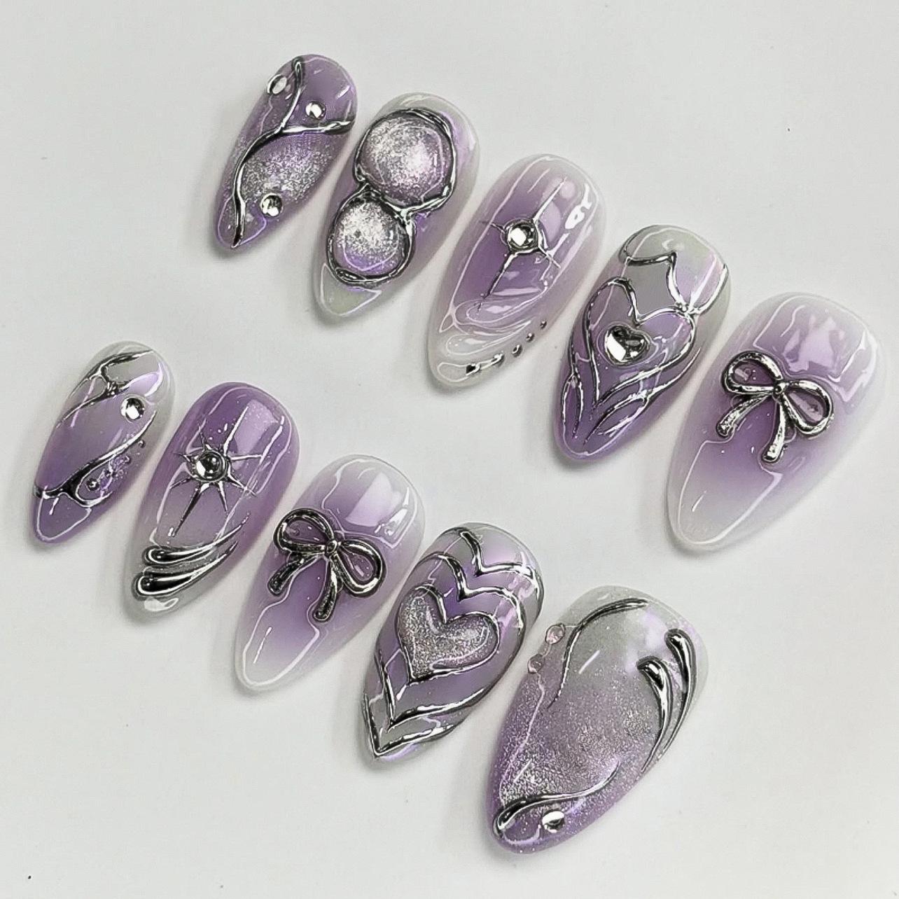Y2K Purple Gradient Cat Eye Press-On Nails with Silver Bow, Almond Shape
