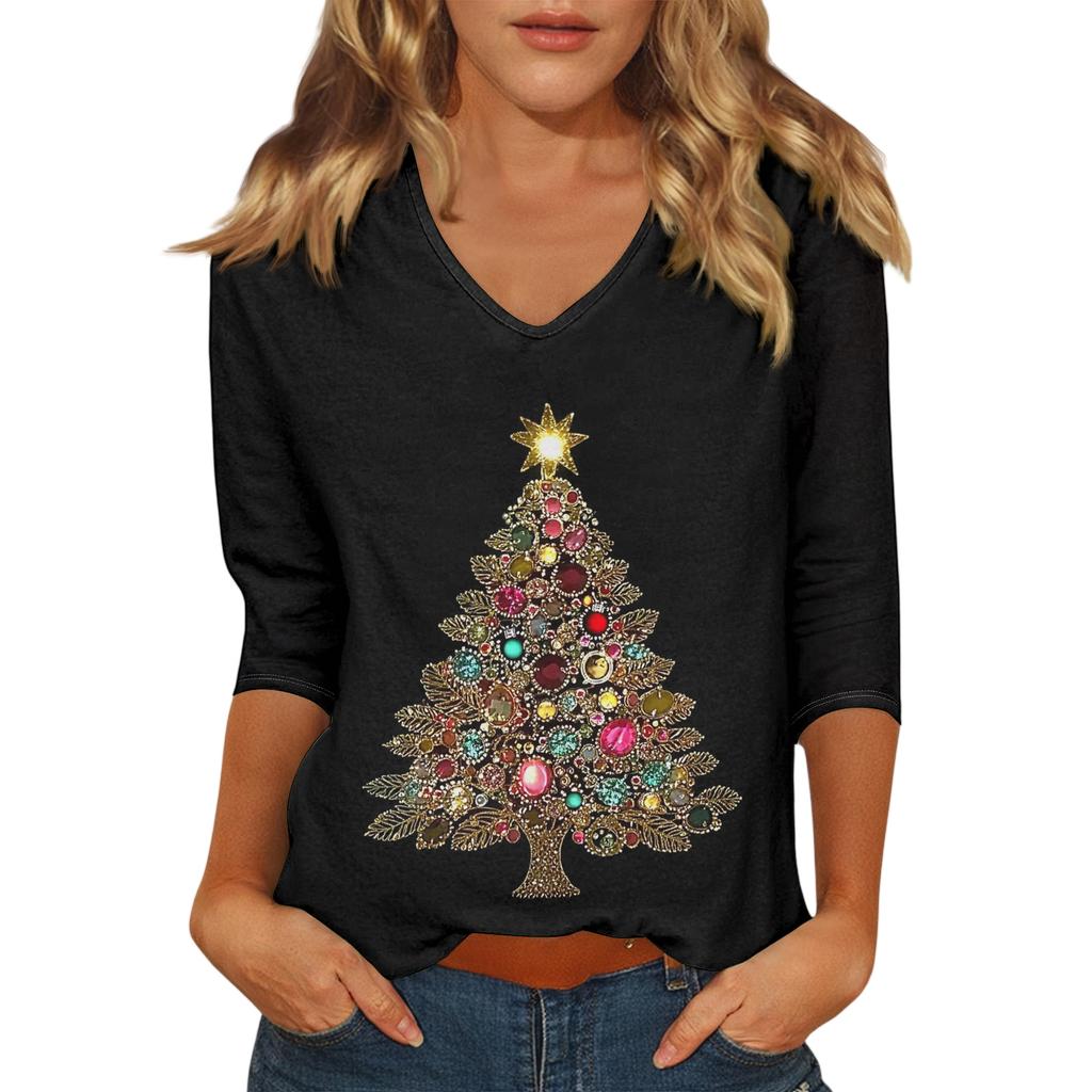 Women's Casual Fashionable Sexy Comfortable V-Neck Christmas Three-Quarter Sleeve Top