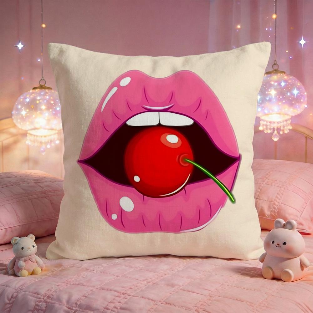 Glossy Red Lips Art Cushion Cover Premium Comfort Reversible Pillow Cove Two In One Design for Any Room  Car Interior