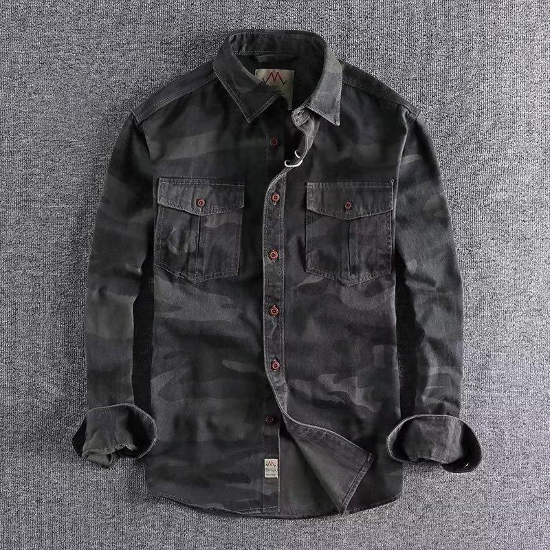 

Men s Camouflage Double Pocket Washed Long-Sleeve Workwear Shirt Medium сірий колір/камуфляжний