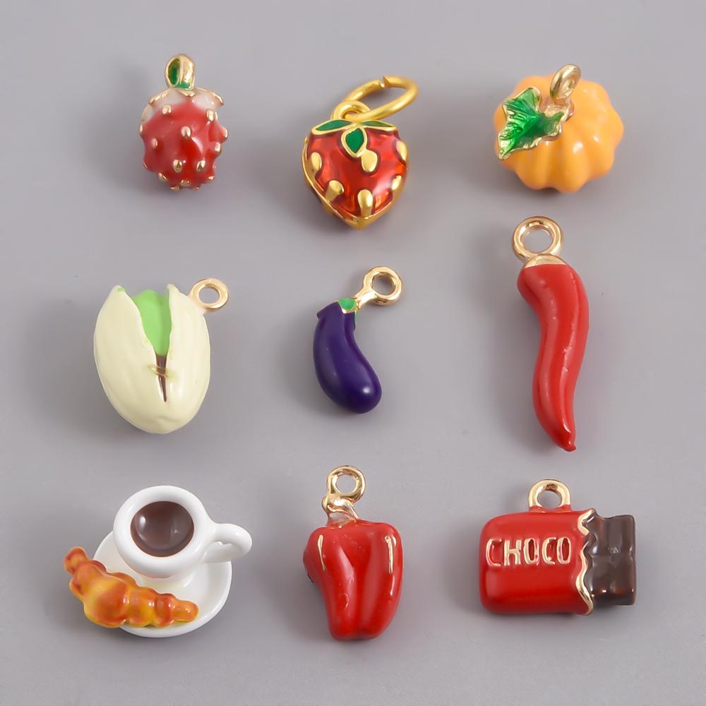 2pcs Colorful Enamel Food Charm Diy Strawberry Chilli Pepper Coffee Metal Pendant Charms For Jewelry Making Necklaces Bracelets