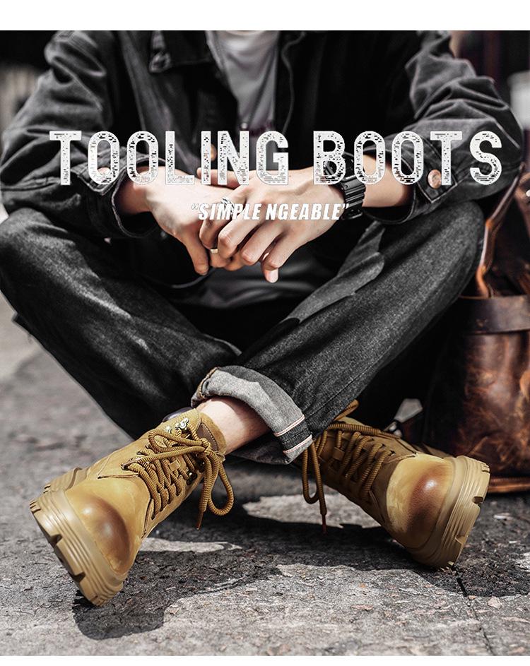 Pánské podzimní zimní vysoké boty z pravé kůže, britský styl, plyšové, venkovní, žluté pracovní boty