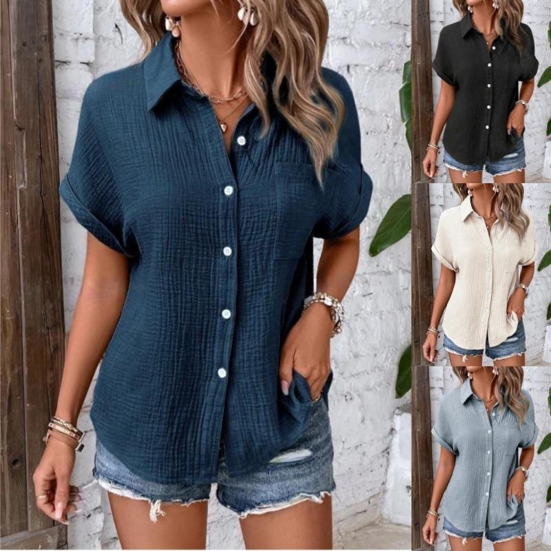 Women lapel collar crinkle textured short sleeve shirt solid multi color loose fit beach casual button down blouse