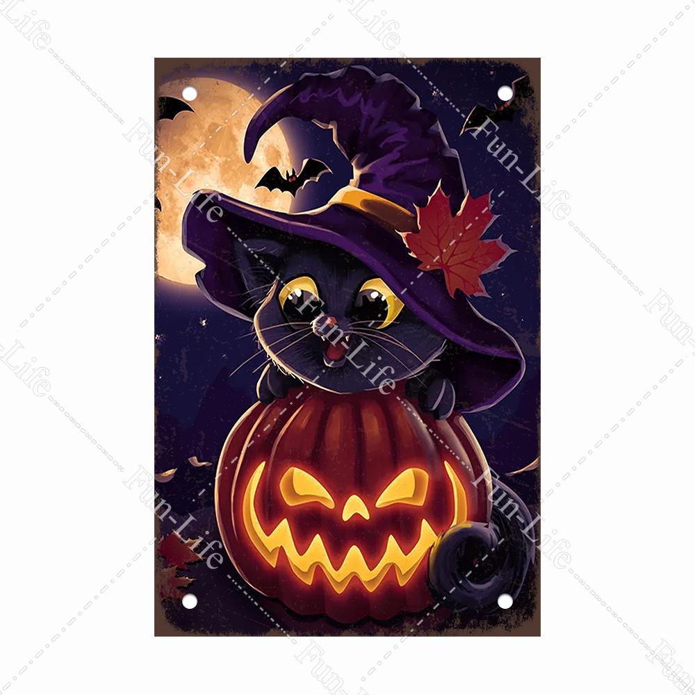 Black Cat Happy Halloween Vintage Metal Signs Halloween Party Poster Pumpkin Metal Tin Plaque Bar Pub Cafe Wall Home Decor
