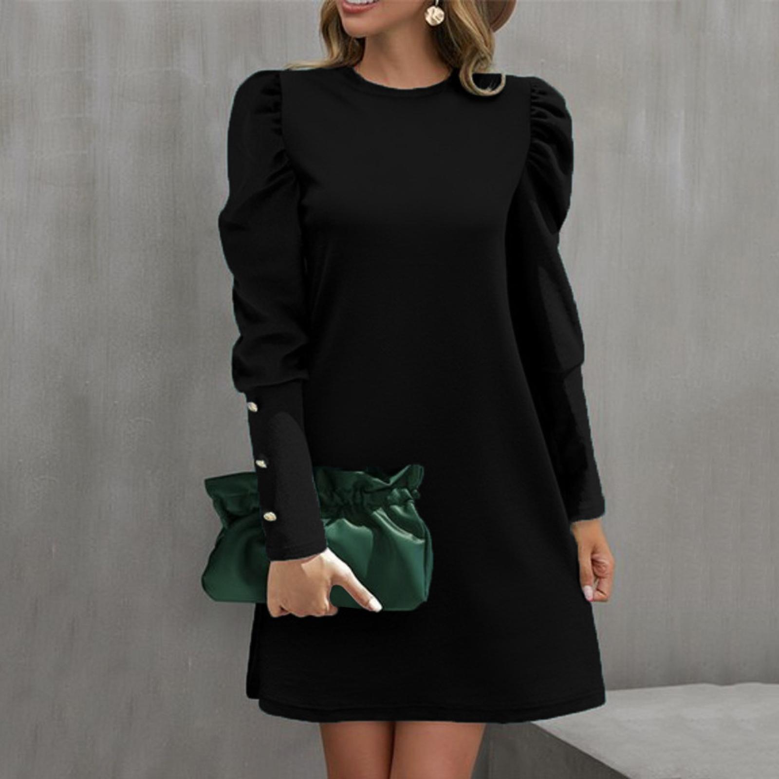 Women s Fashion Casual Color Round Neck Bubble Sleeve Button Long Sleeve Dress L
