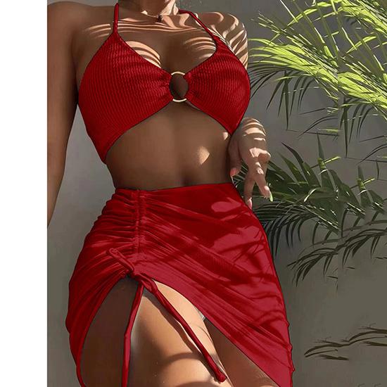 European-American Style Split Swimsuit Women's Body-fitting Solid Color Sexy Swimsuit Neck Hanging Three-piece Bikini Beach Fashion Swimsuit