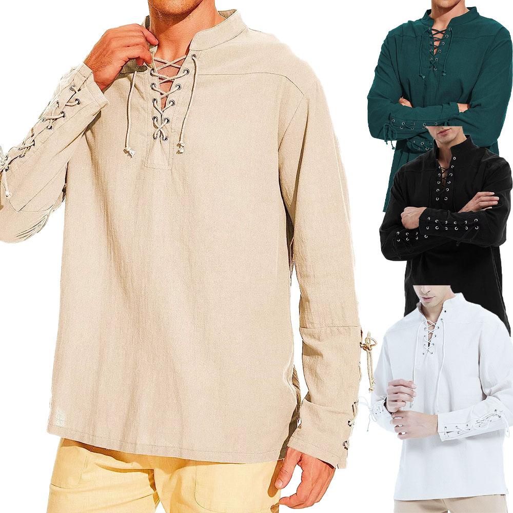 Baumwoll-Leinen-Hemden für Männer Mittelalter-Kostüm Strand-Tops Hemd Pull on Male Loose Casual Streetwear Cosplay Langarm