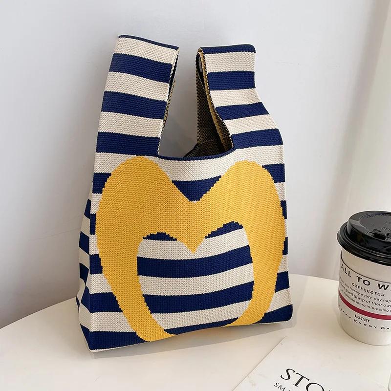 Japanese Thin Stripe Plaid Tote Bag Women Casual Color Handmade Knit Handbag Student Reusable Shopping Bag Keys Purse Handle Bag