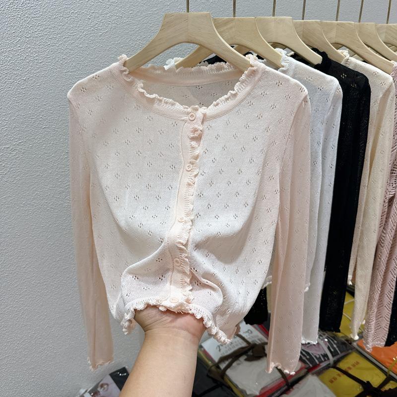 Sweet wind hollow thin knitted cardigan women's summer outdoor sunscreen top age-reducing fungus edge air-conditioning shirt