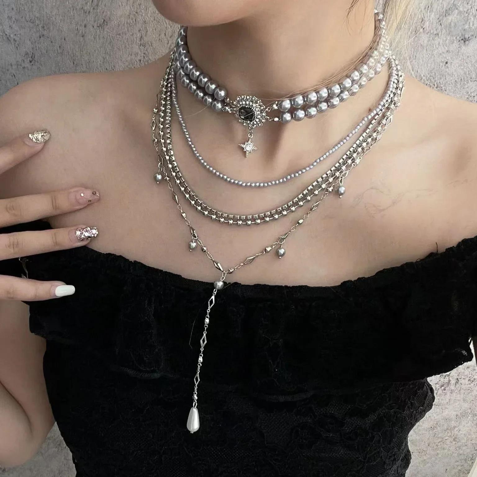 Elegant High-quality Grey Pearl Long Tassel Necklace Crystal Inlaid Beads Star Pendant Multi-Layer Chokers Sweater Chain Zircon