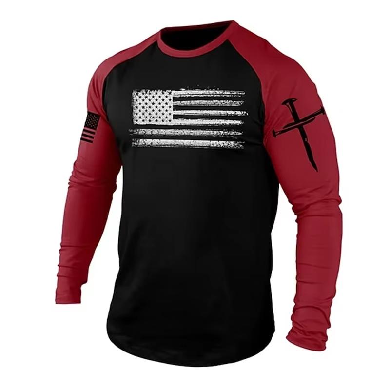Men's Long sleeves T-shirts Gym 3D Print USA Flag Casual Round neck Tops