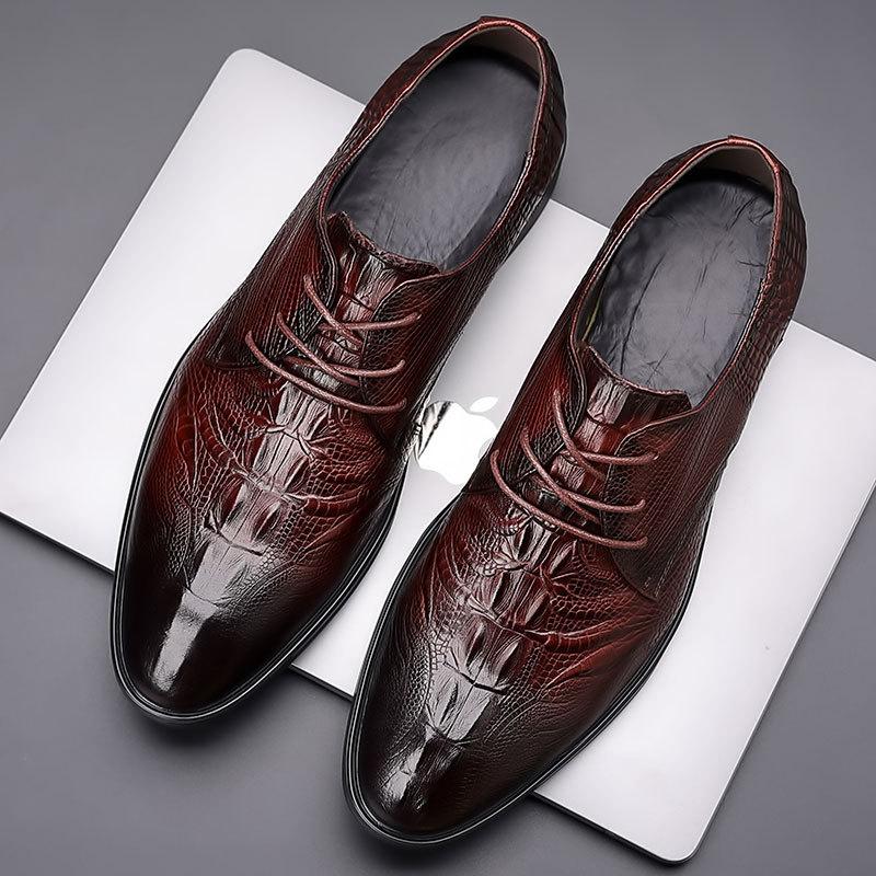 First layer cowhide British style leather shoes men's genuine leather men's shoes autumn pointed business dress crocodile pattern brown leather shoes