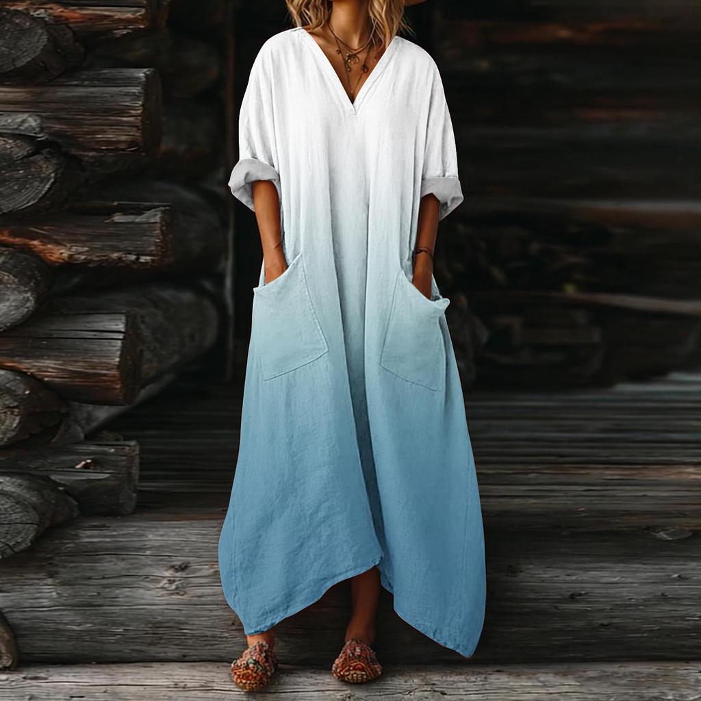 Damenkleid Lässig Fließende Kleider V-Ausschnitt Urlaub Boho Strand Sommerkleid