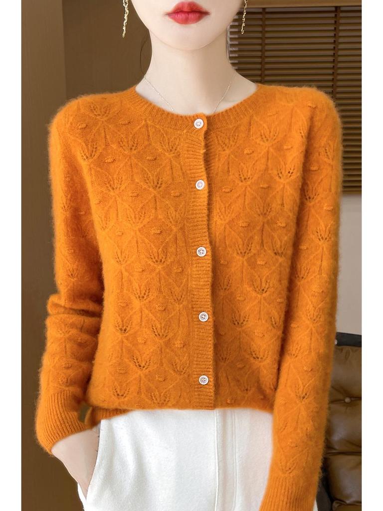 2024 Early Autumn Women's Merino Wool Round Neck Knit Cardigan with Hollow Details