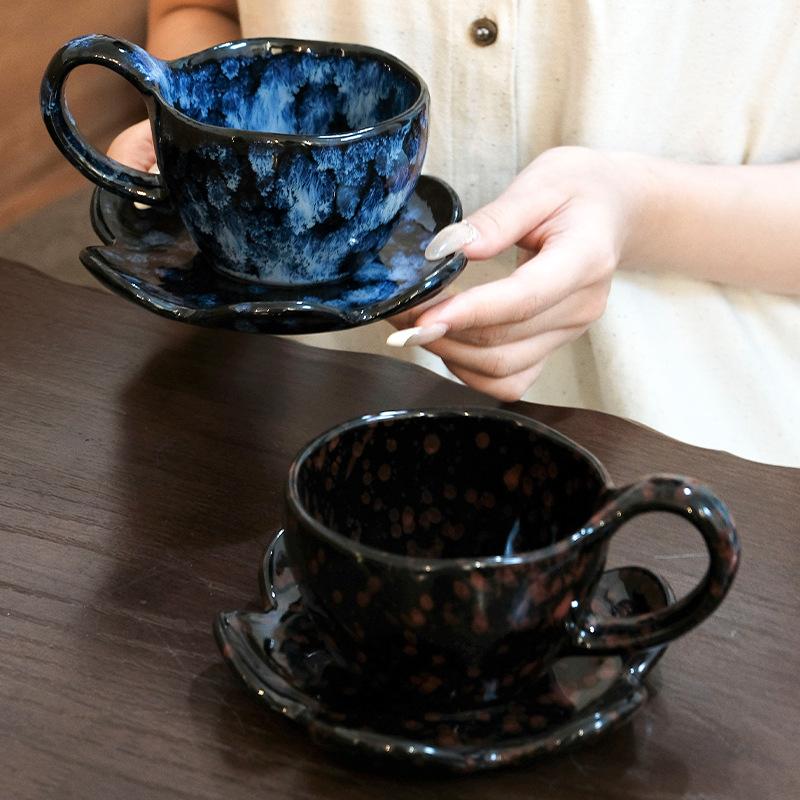 Retro kiln-changed coffee cup and saucer set, high-end exquisite mug, high-end latte cup, afternoon teacup gift