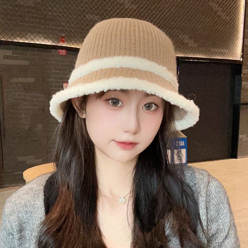Knitted bucket hat women's new autumn and winter lamb plush color matching bucket basin hat versatile thermal shade basin hat