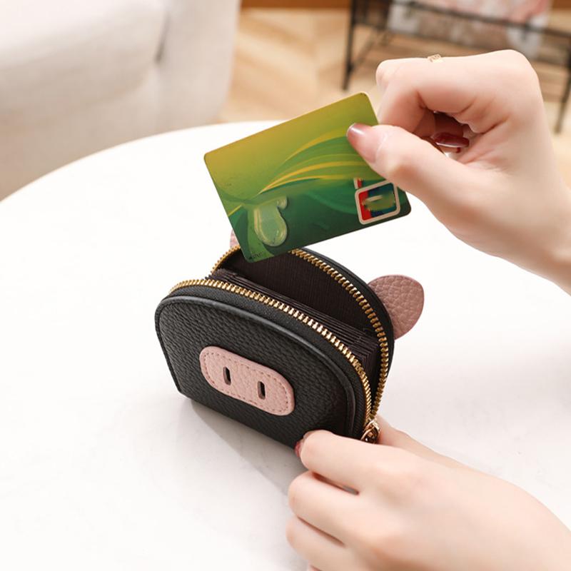 PU Leather Cartoon Pig Multi Card Slot Holder Zipper Coin Purse Soft Touch Clip Wallet for Women Kids Party Use