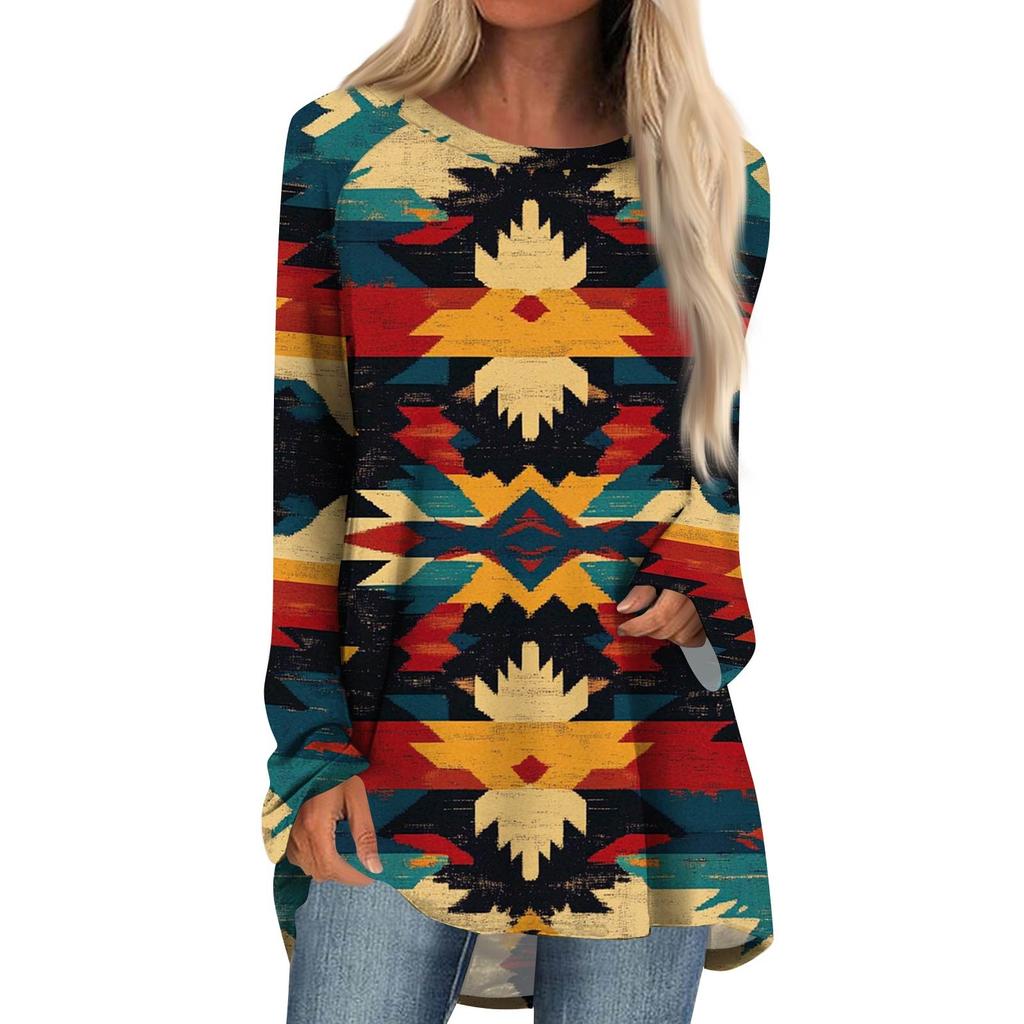 Women's Fashion Casual Long Sleeve  Print Round Neck Pullover Top Blouse