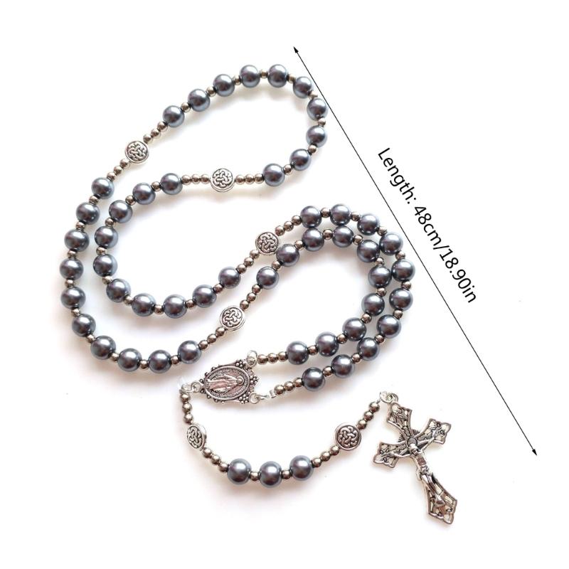 Round Glass Beads Rosary Necklace Mary Jesus Crucifix Pendant Religious Necklaces for Men Women Jewelry Charm Gift