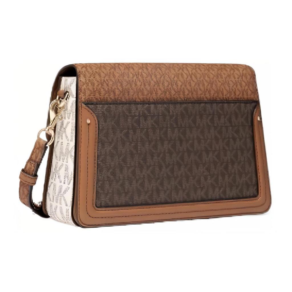 Michael Kors MK Jessie Commuter Logo Color-Block Faux Leather Shoulder Crossbody Bag Medium Women Bags Dark-Brown White 30S0GI6L2V-299