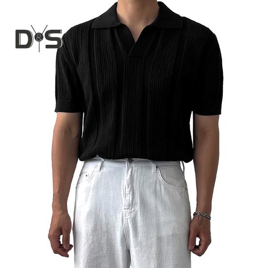 

Мужская футболка с однотонным воротником-лацканом, повседневная, с коротким рукавом, сетчатая трикотажная футболка, летние модные топы, повседневная одежда M чёрный