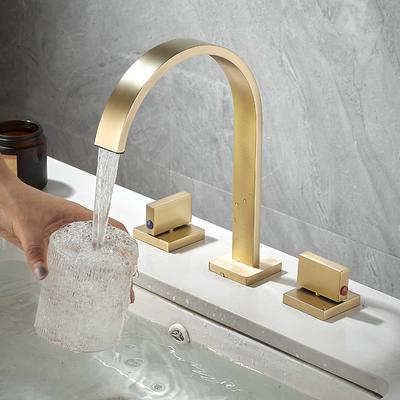 Gebürstetes Gold Beckenarmatur Spültischarmatur Gold Quadratische Messingarmatur Badezimmerbeckenarmatur 3-Loch Doppelgriff Warm- und Kaltwasserhahn
