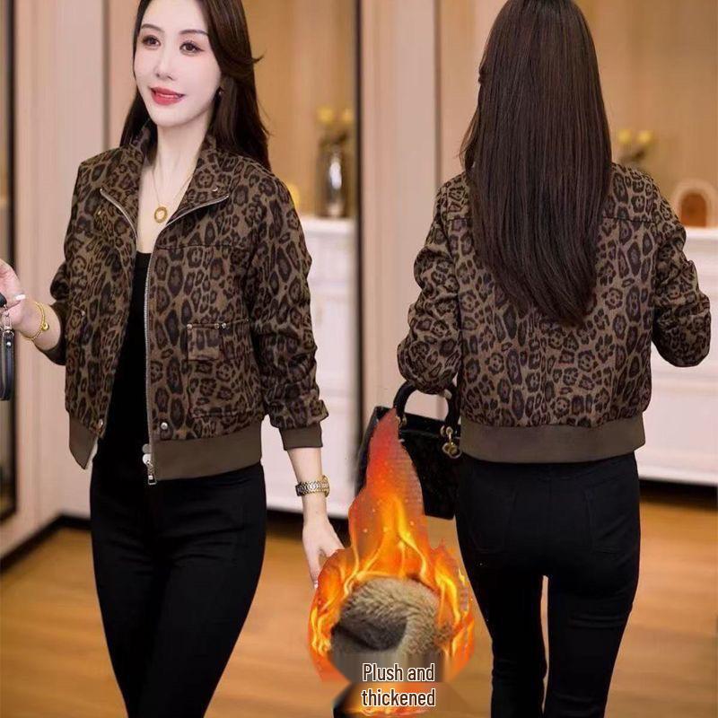 

2025 Autumn/Winter Leopard Print Petite Women s Casual Slimming Jacket with Velvet 3XL хакі