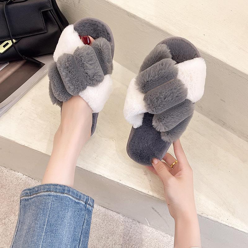 Autumn and Winter Fluffy Slippers Cross Fashion Plaid Indoor Cotton Mop Plush Shoes Flat Non-slip Cotton Mop Warm Shoes