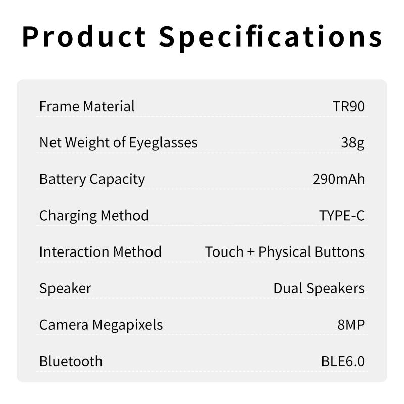 MT3 Smart Glasses 8MP HD Camera Video Recording AI Translation Voice Assistant TR90 Ultralight Bluetooth Call Music Smart Eyewear USB Charging Unisex