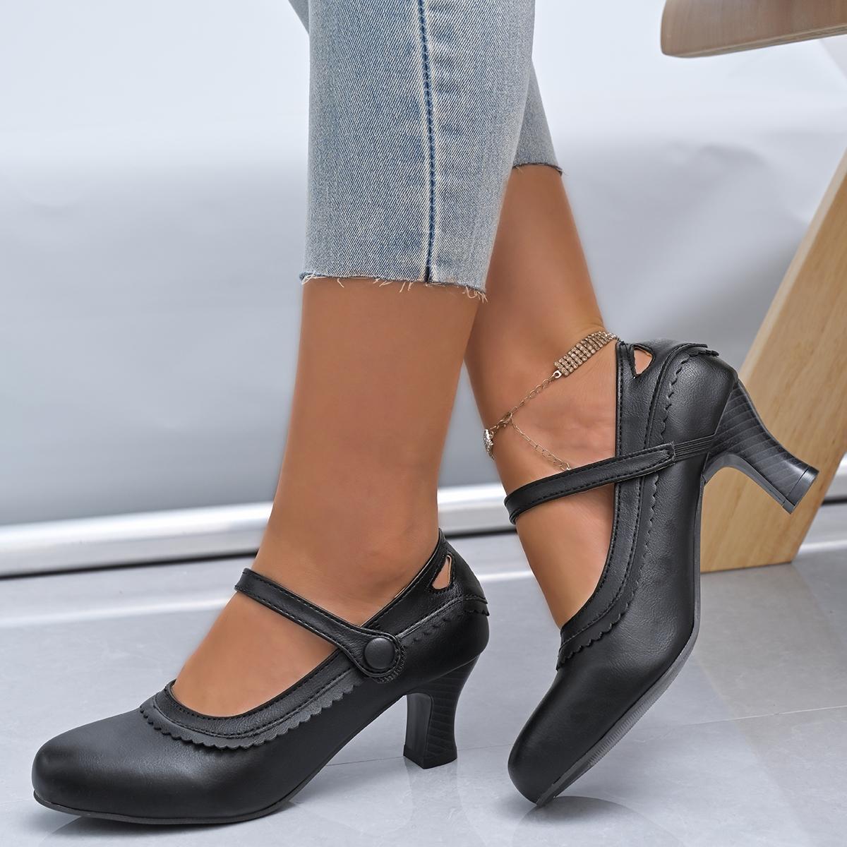 

Designer Women Pumps Casual Mary Jane Shoes Solid Color Round Toe Shoes Buckle Strap Leather Sandals Footwear High Heels Shoes 43 чорний
