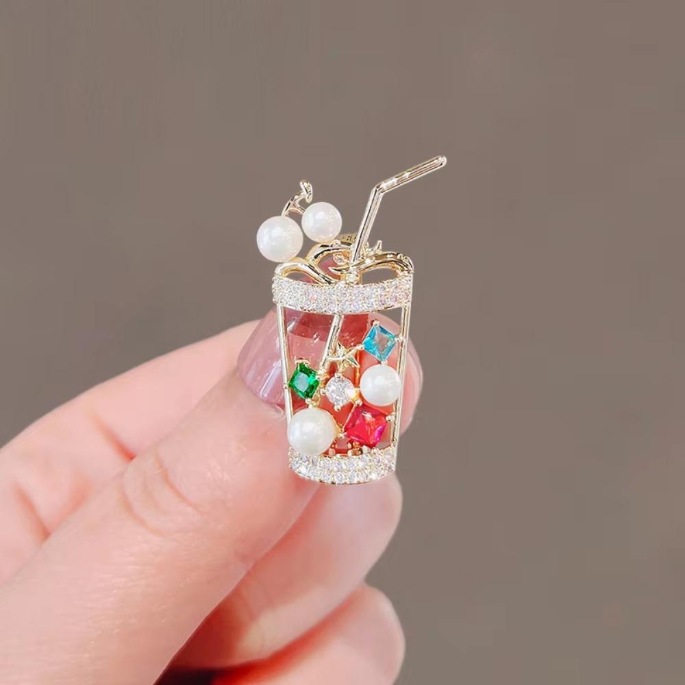Small Size Milk Tea Cup Brooch Elegant Design Milk Tea Cup Pin Zircon Brooch Korean Fashion A
