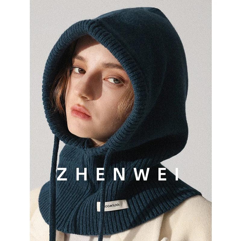 High Quality 100% Wool Slouchy Balaclava Hat for Women Knitted Scarf Hood Beanies Winter Warm Skiing Hat Outdoor Ear Protection