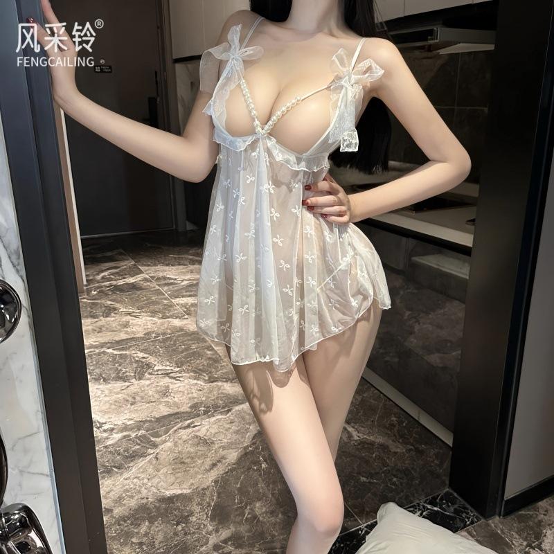 Perspective Sex Underwear Bare Chest Pearl Suspender Nightdress Open Crotch Transparent Sexy Pajamas Free Bed Flirting 6