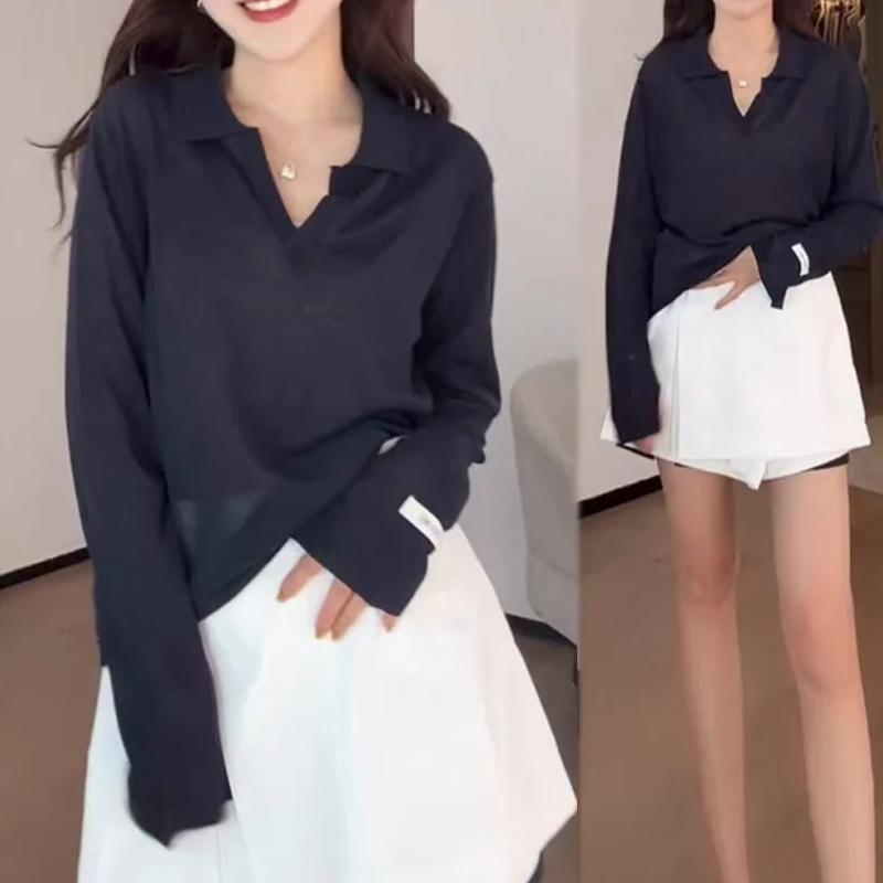 Korean Temperament Lapel Sweater Autumn Women Solid Color Long Sleeve Loose Versatile Knitted Top