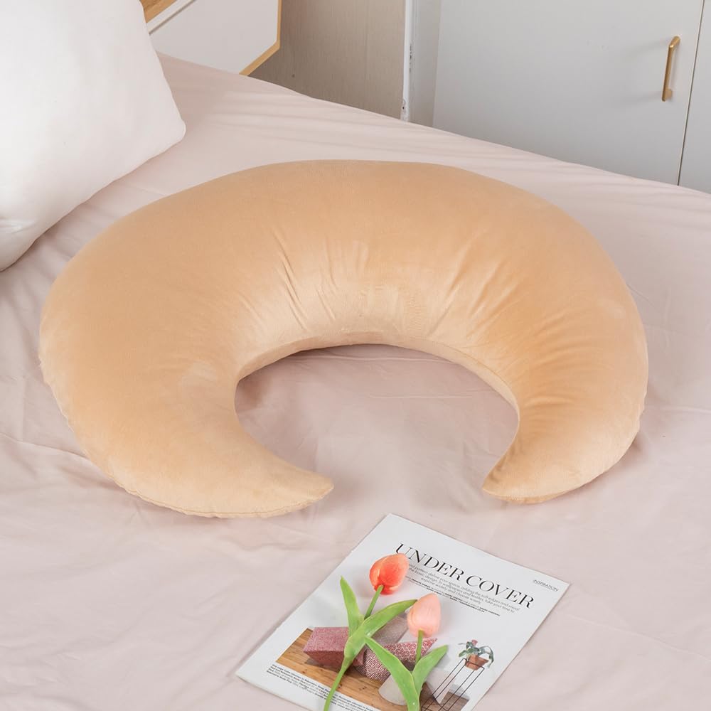 Crescent-shaped Backrest Cushion, Soft and Flexible, Perfect for Baby's Arms, Games, Nursing, and More. Includes a Washable Cover (brown).