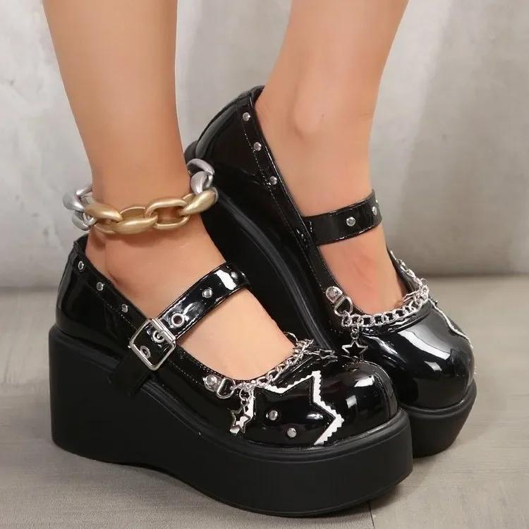 Fashion Wedges Platform Mary Janes Women 2024 Round Toe Buckle Wedge Pumps Woman Patent Leather Black Buckle Punk Gothic Shoes