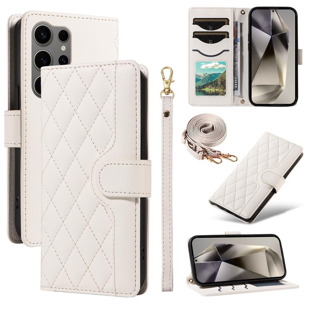 For Samsung Galaxy S25 Ultra Case Wallet Rhombus Leather Phone Cover with Shoulder Strap,Wrist Strap
