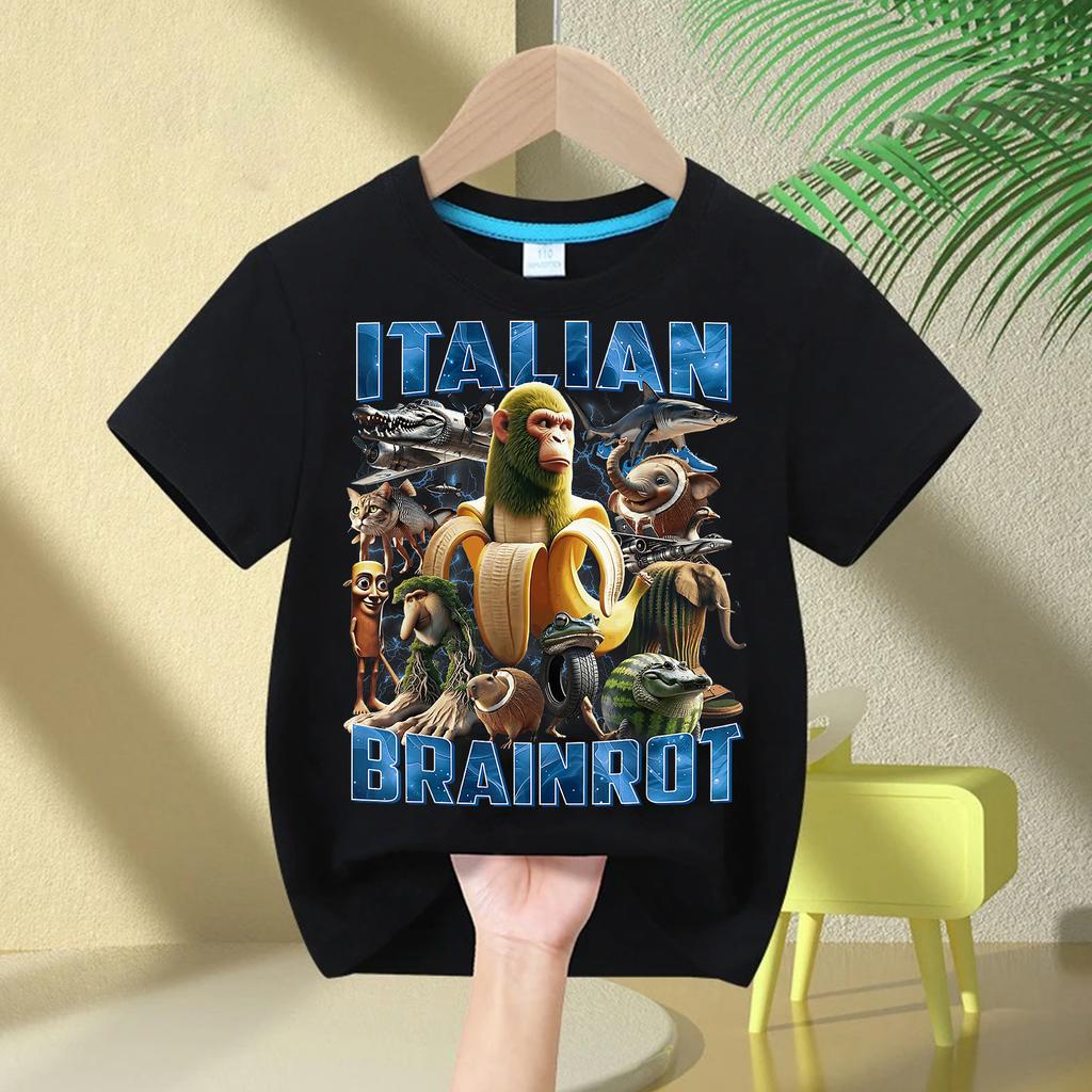2025 Kids Clothes Funny Italian Brainrot T Shirt Cartoon Graphics Casual Vintage Boys Girls Short Sleeve Top Children's Clothing