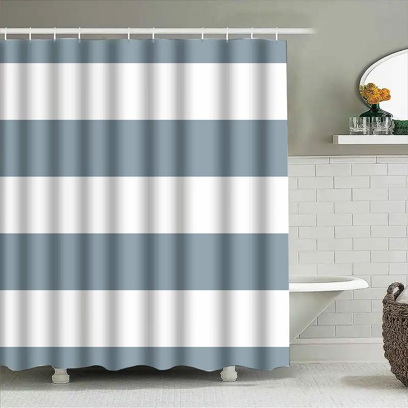 Modern Striped Shower Curtain Blue White Bath Decor for Home Bathroom Water-Resistant Fabric Easy Hanging Rod Set Included (Whit