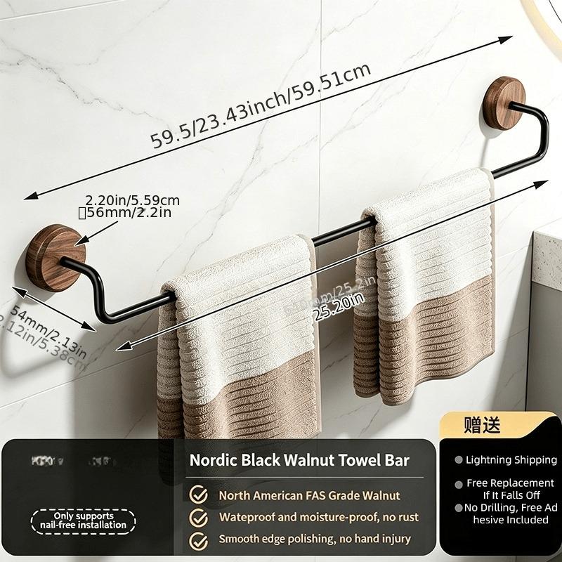 Wall Mounted Towel Holder Walnut Wood Black Carbon Steel Structure 5cm Spacing Household Bathroom Shelf