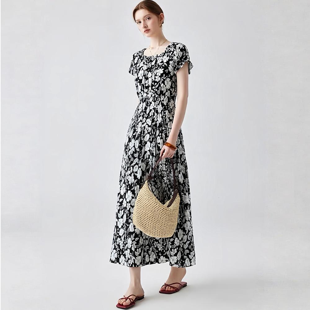 Bohemian Cotton-Silk Floral Printted Off-the-Shoulder French-Style Summer Dress for Women Ethnic-Style Elastic Waistband Pleayed Long Dress