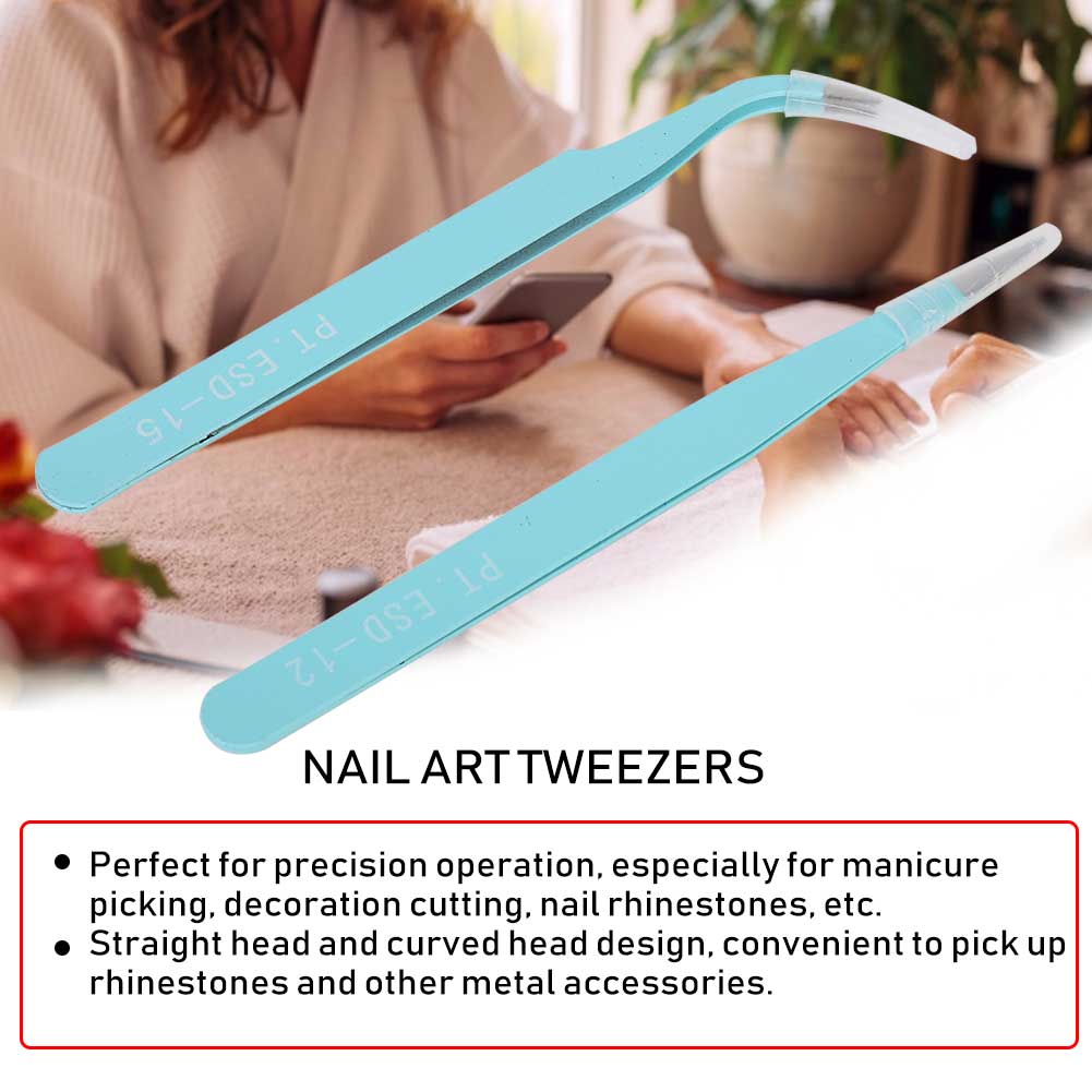 2Pcs Stainless Steel Nail Art Tweezers Anti static Straight Curved Head Manicure Tweezers Blue