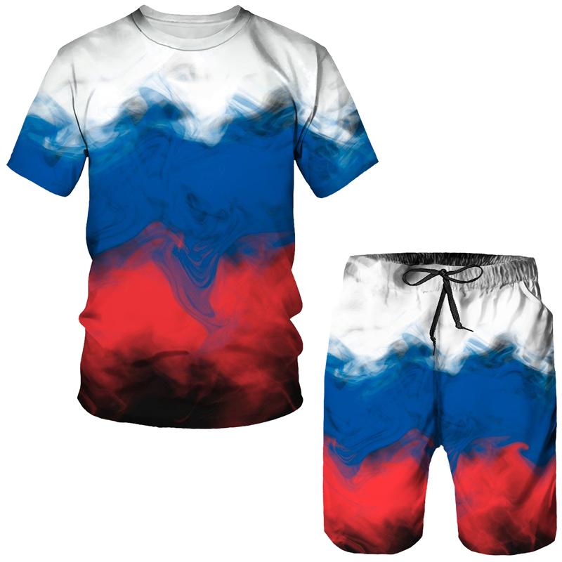 Summer Spain Flag 3D tisk Sada krátkých rukávů pro muže Mužské Barevné Funny Streetwear Dvoudílné tepláky Volné Hip Hop Streetwear